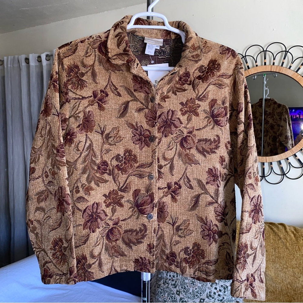 Earthy Tan Floral Tapestry Shacket Button Front Goblincore Plus Size 2X NWT